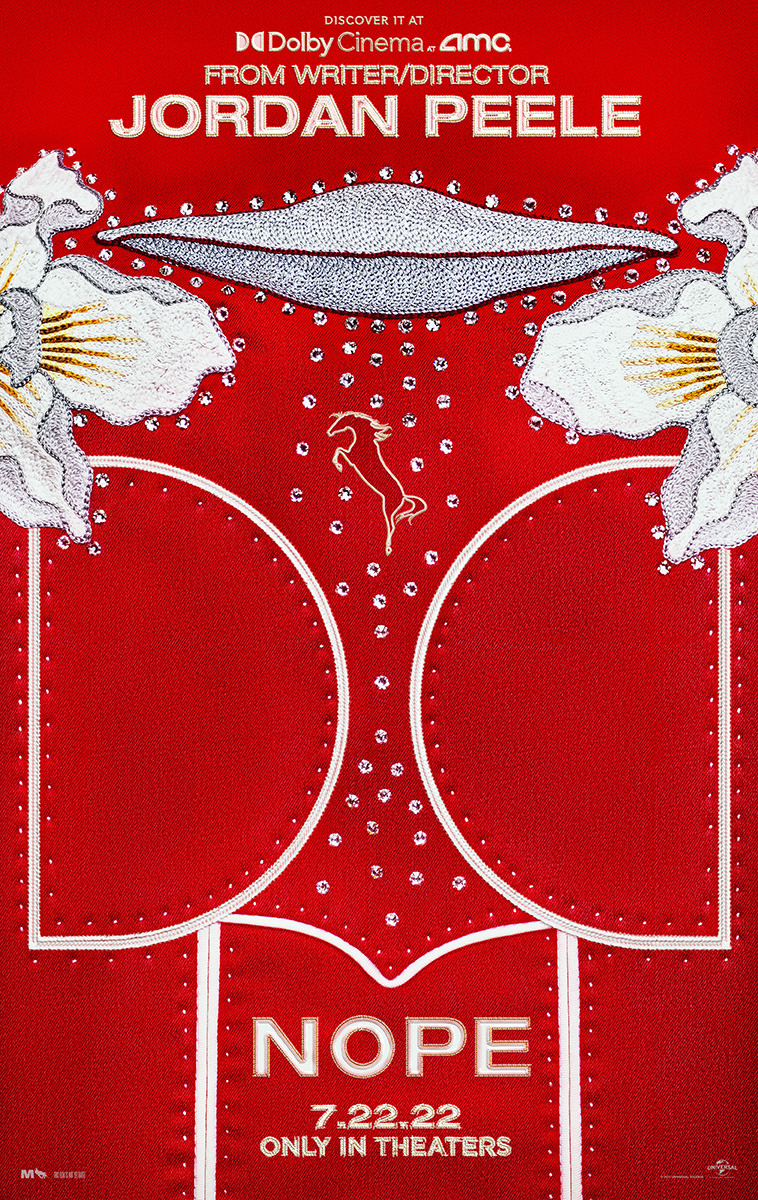 The poster for Nope consists of a red jean jacket with an embroidered pattern. Shapes and flowers flank the sides as a trail of rhinestones shows a horse being lifted toward a UFO shape