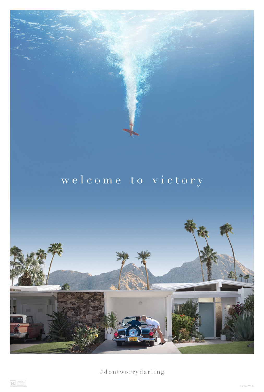 We see a picturesque California suburban scene. A woman kisses her partner goodbye as he drives off. All while a red plane descends in the background.