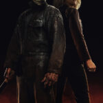 Michael Meyers and Laurie Strode stand back to back against a dark background with embers and smoke surrounding their feet.