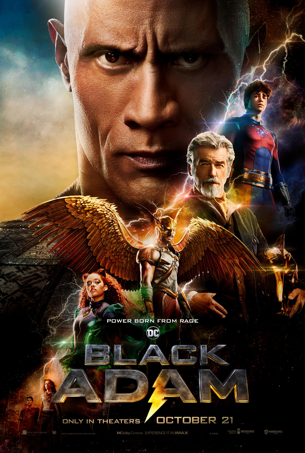 Several floating heads form a diagonal line across the poster. Dwayne Johnson's head sits in the background behind the members of the Justice Society of America.