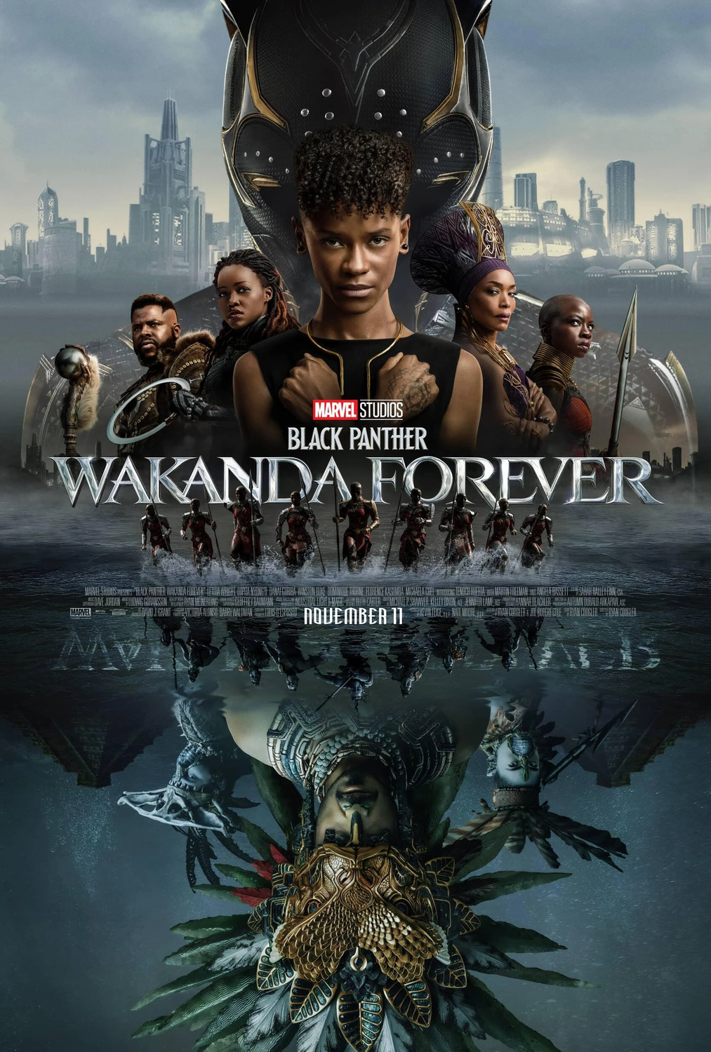 A vertically bisected image separating the main Wakandans at the top and Namor and the Talokans beside him.