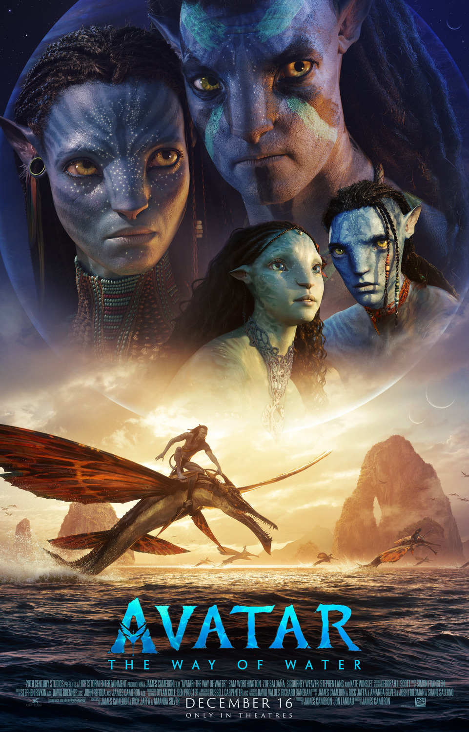 Jake, Neytiri and the faces of other na'vi characters float about a watery horizon with an aquatic dragon flying over the sea.