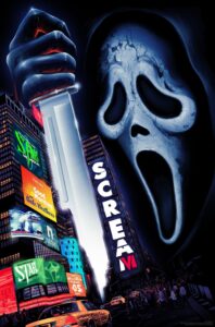 The scream franchise's iconic ghostface mask looms large over time square new york