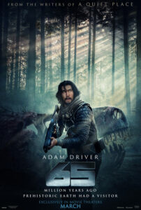 Adam Driver, armed with a futuristic rifle, stood in a misty woodland, with a dinosaur skeleton behind him