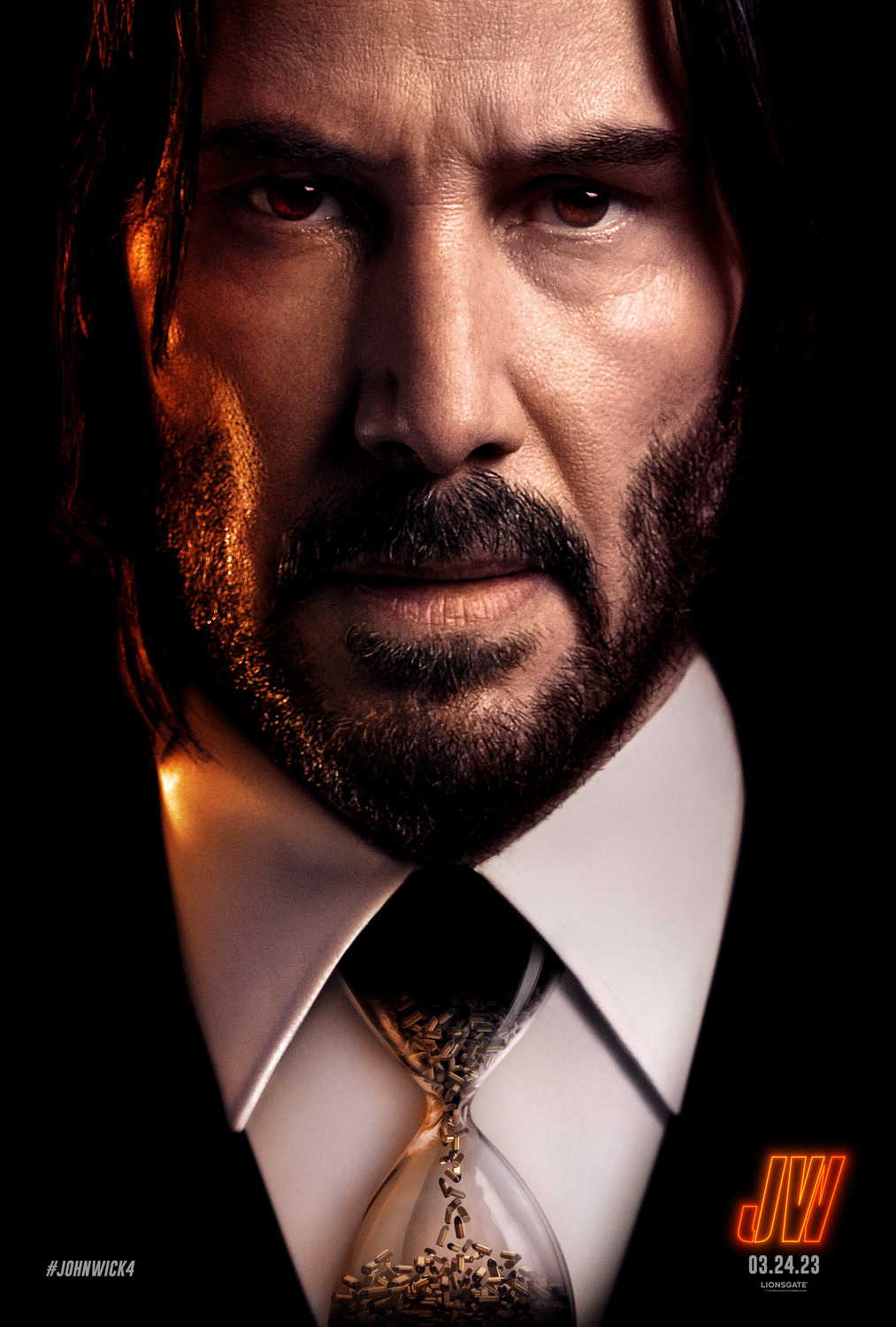 Close-up of Keanu Reeves' face. The knot and length of his tie make up an hourglass filled with bullets rather than sand.