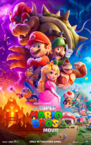 Colourful floating-head style poster with Mario, Luigi, Donkey Kong, Peach, Toad and Bowser looming over the multiple kingdoms in this movie.