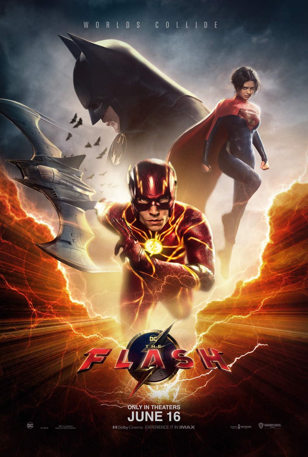 A pretty lazily designed poster with the floating head of Batman, an ominously floating Supergirl and The Flash running toward the viewer.