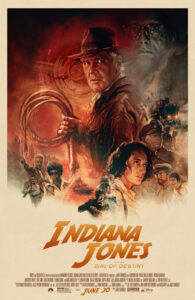 A hand-drawn image of Indiana Jones holding his whip and looking toward the viewer, as he is surrounded by other members of the cast.