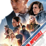 A diagonal flash of colour from right to left acts as a backdrop for a series of floating heads. Tom Cruise looks pensively to the left as his allies and adversaries strike action poses.