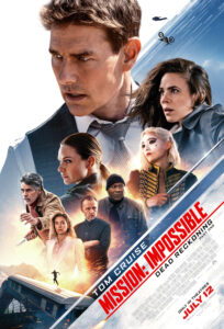 A diagonal flash of colour from right to left acts as a backdrop for a series of floating heads. Tom Cruise looks pensively to the left as his allies and adversaries strike action poses.