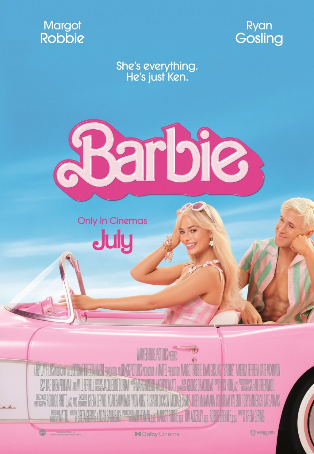 Barbie looks toward the audience as she drives by in her dream car, Ken is sat in the back seat staring lovingly at Barbie