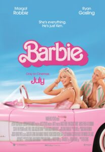 Barbie looks toward the audience as she drives by in her dream car, Ken is sat in the back seat staring lovingly at Barbie