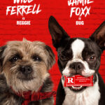Two different terriers look out at the viewer against a red backdrop. The dog on the left is scruffy and appears to be smiling, while the bulldog on the right has a scowl and the R rating between its teeth.