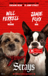 Two different terriers look out at the viewer against a red backdrop. The dog on the left is scruffy and appears to be smiling, while the bulldog on the right has a scowl and the R rating between its teeth.