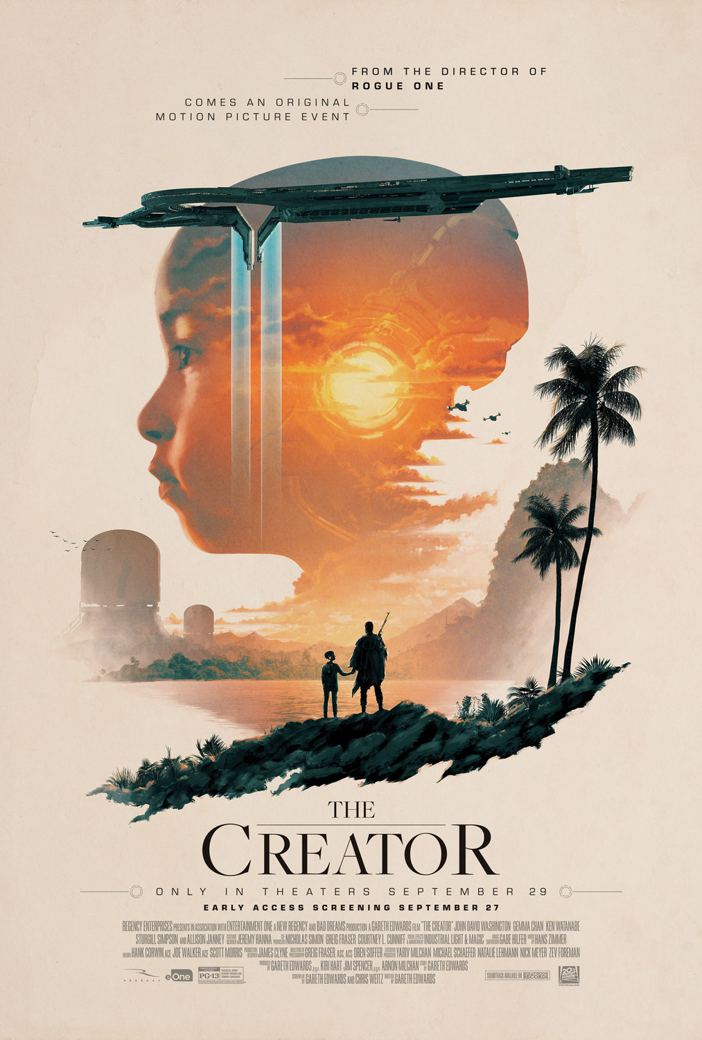 A paint-brush aesthetic image with the robot child Alphie's head doubling as the setting sun, with the silhouette of the film's leads (Alphie and Joshua) in the foreground.