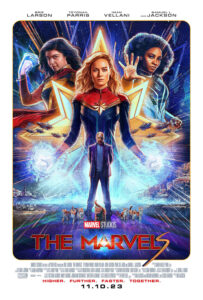 Hand-drawn effect with Captain Marvel, Ms Marvel and Monica Rambeau striking poses above a series of glowing effects, with Nick Fury stood below and a series of cats at his feet