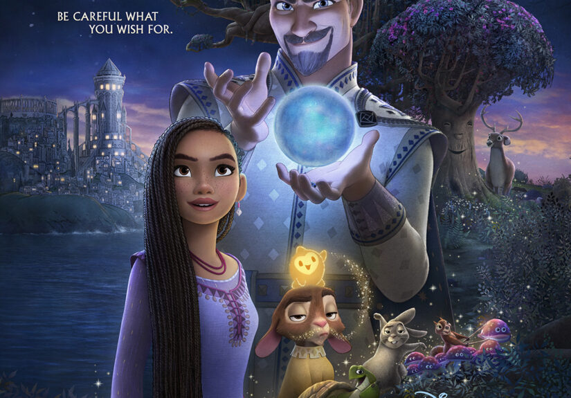 King Magnifico holds a glowing blue orb in his hand, while Asha looks confidently and defiantly out toward the viewer