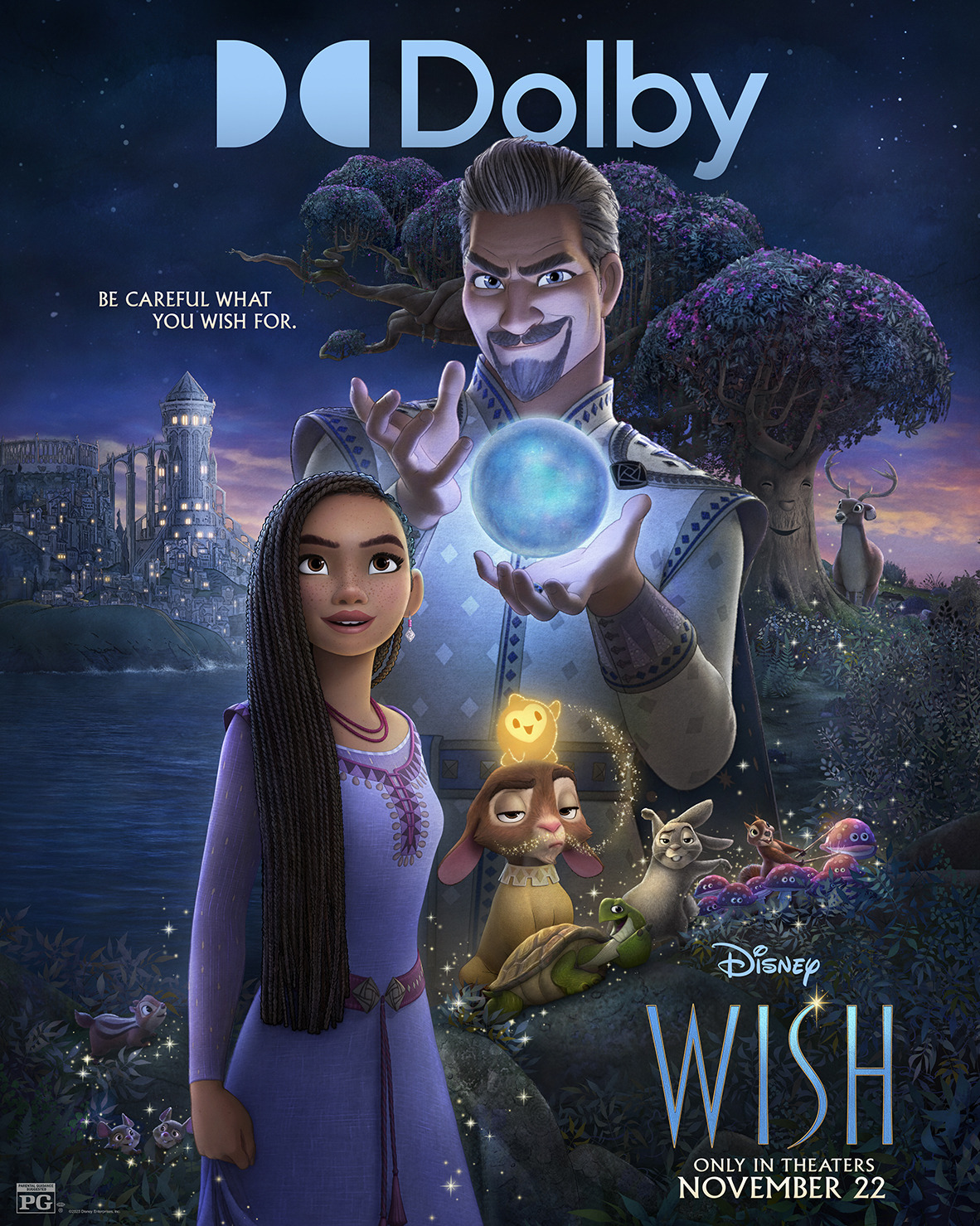 King Magnifico holds a glowing blue orb in his hand, while Asha looks confidently and defiantly out toward the viewer