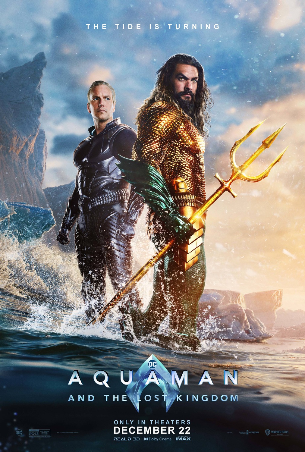 Aquaman stands defiantly, trident in hand, with his half-brother Orm behind him.