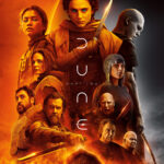 A series of floating characters from the film divided between the orange hues of Paul's allies on the left and the cold grey tone of his adversaries on the right
