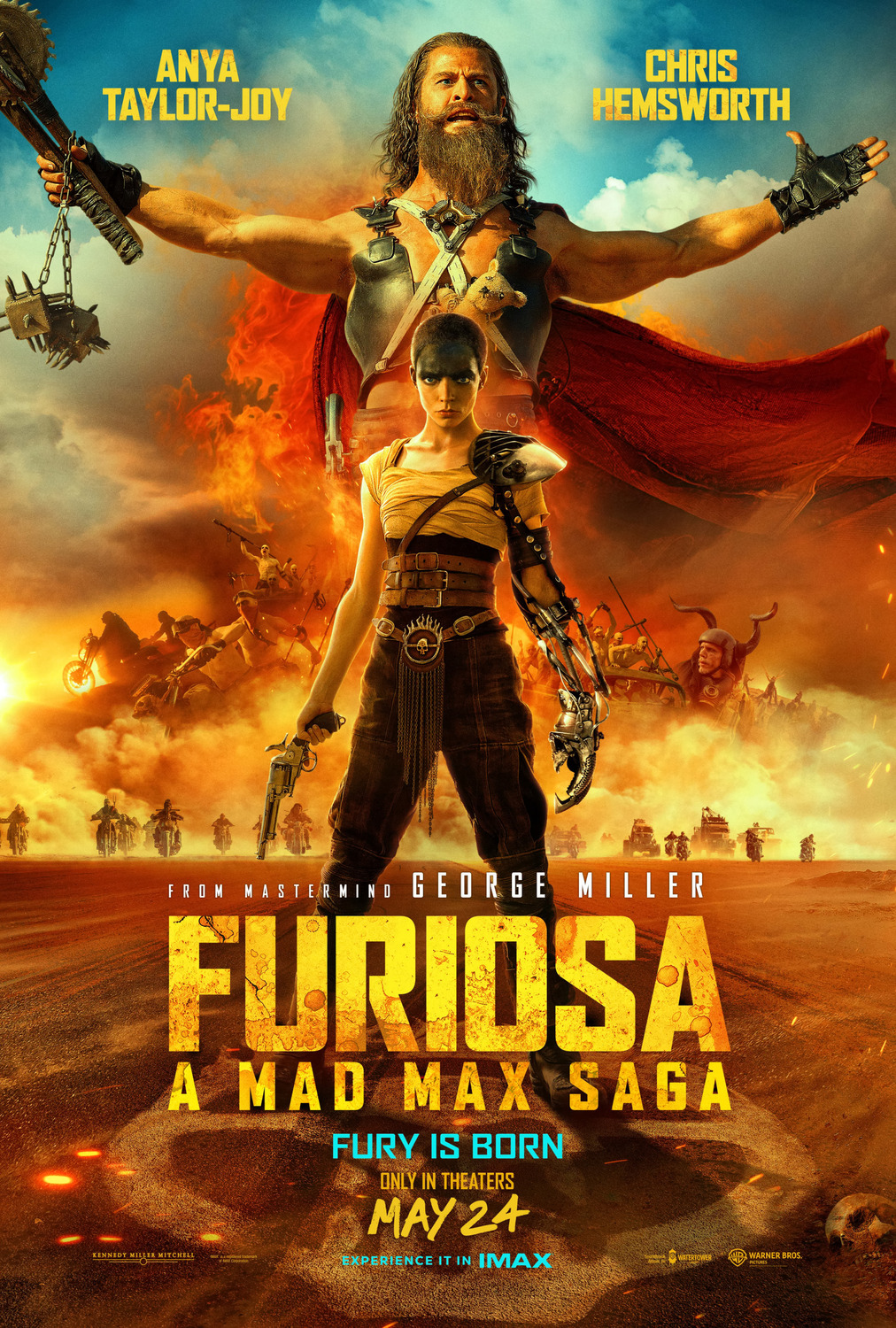 Set against a flamed sky, we see the outstretched arms of Dementus as Furiosa stands defiantly in the foreground, staring at the viewer.