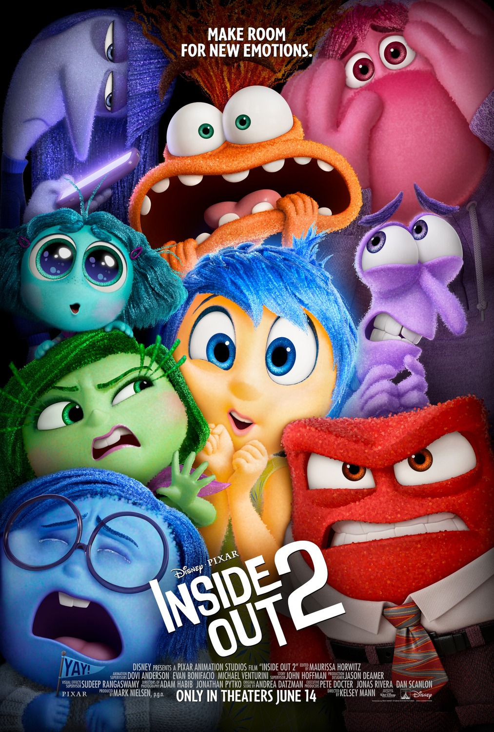 The main emotional personifications (Joy, Sadness, Anger, Disgust, Fear, Envy, Embarrassment, Ennui, and Anxiety) are all crammed into the poster frame with expressive expressions.