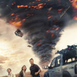 The three lead characters, Kate, Tyler and Javi look in amazement as a fire-engulfed tornado spins behind them. Although, they're not looking at it because movie posters need to show the faces. It's dumb but you get it