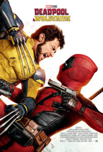 A 45 degrees dutch angle of Deadpool and Wolverine mid-fight against a white background