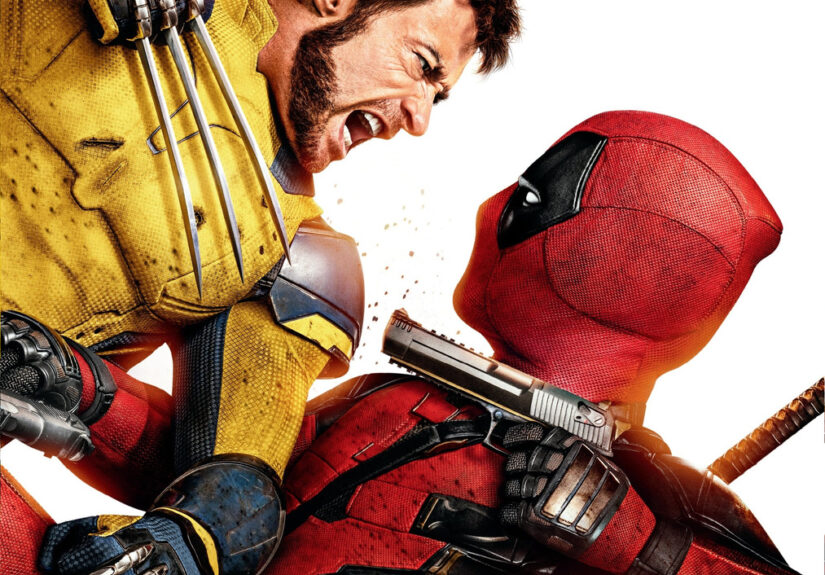 A 45 degrees dutch angle of Deadpool and Wolverine mid-fight against a white background
