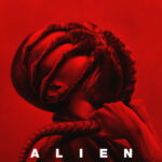 The character Navarro grips at the tail of an alien facehugger as it grips her head, the entire poster is a deep red