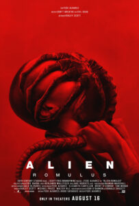 The character Navarro grips at the tail of an alien facehugger as it grips her head, the entire poster is a deep red