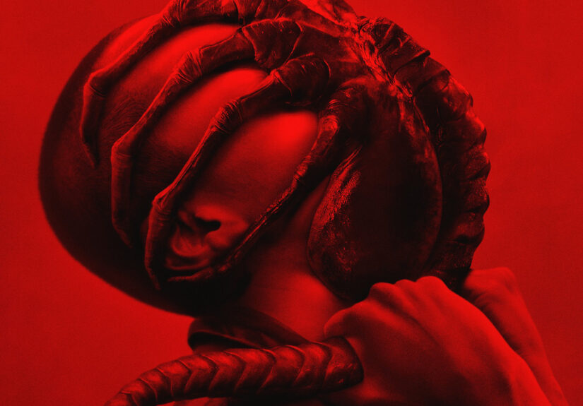 The character Navarro grips at the tail of an alien facehugger as it grips her head, the entire poster is a deep red