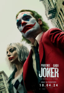 Joker and Harleen Quinzel in full makeup tower over the viewer, looking off menacingly