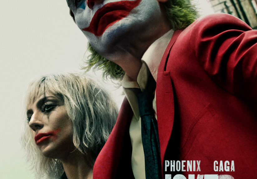 Joker and Harleen Quinzel in full makeup tower over the viewer, looking off menacingly