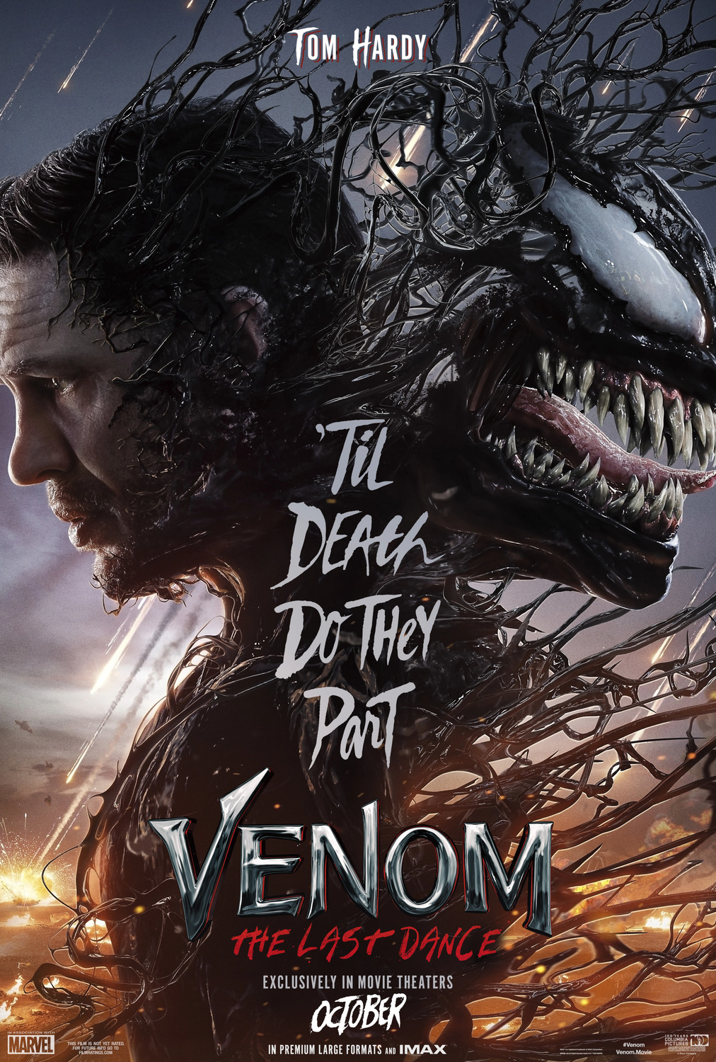 The faces of Eddie Brock and Venom look away from one another, separated by tendrils of symbiote goo