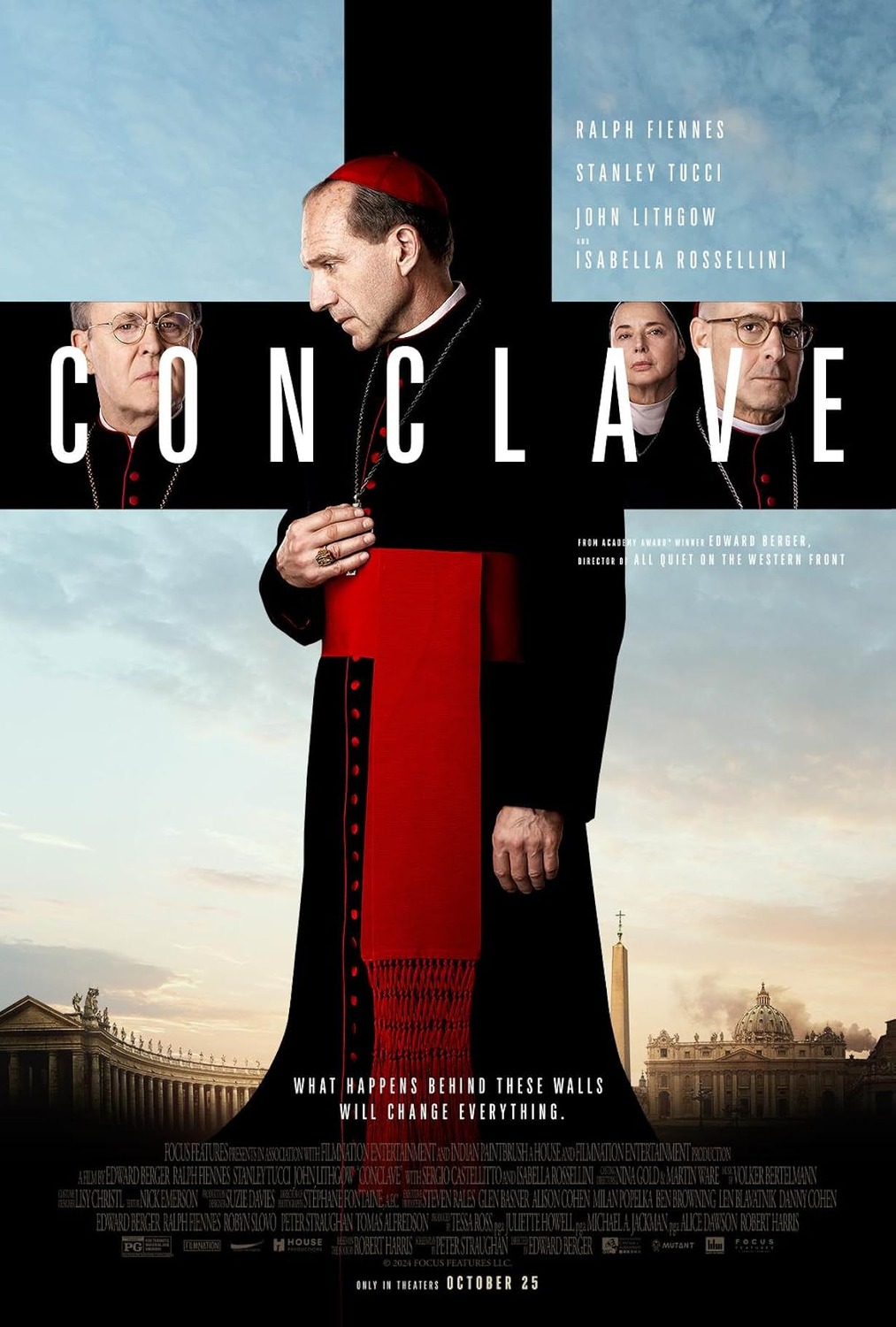 Ralph Fiennes character (a Catholic Cardinal) stands in the silhouette of the cross with the Vatican behind him. You can also see the face of other principle Cardinals in the cross.