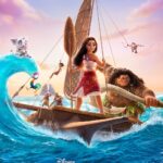 Moana stands confidently on her canoe with Maui hanging from the sail, striking a defiant pose and the other members of Moana's crew in the background.