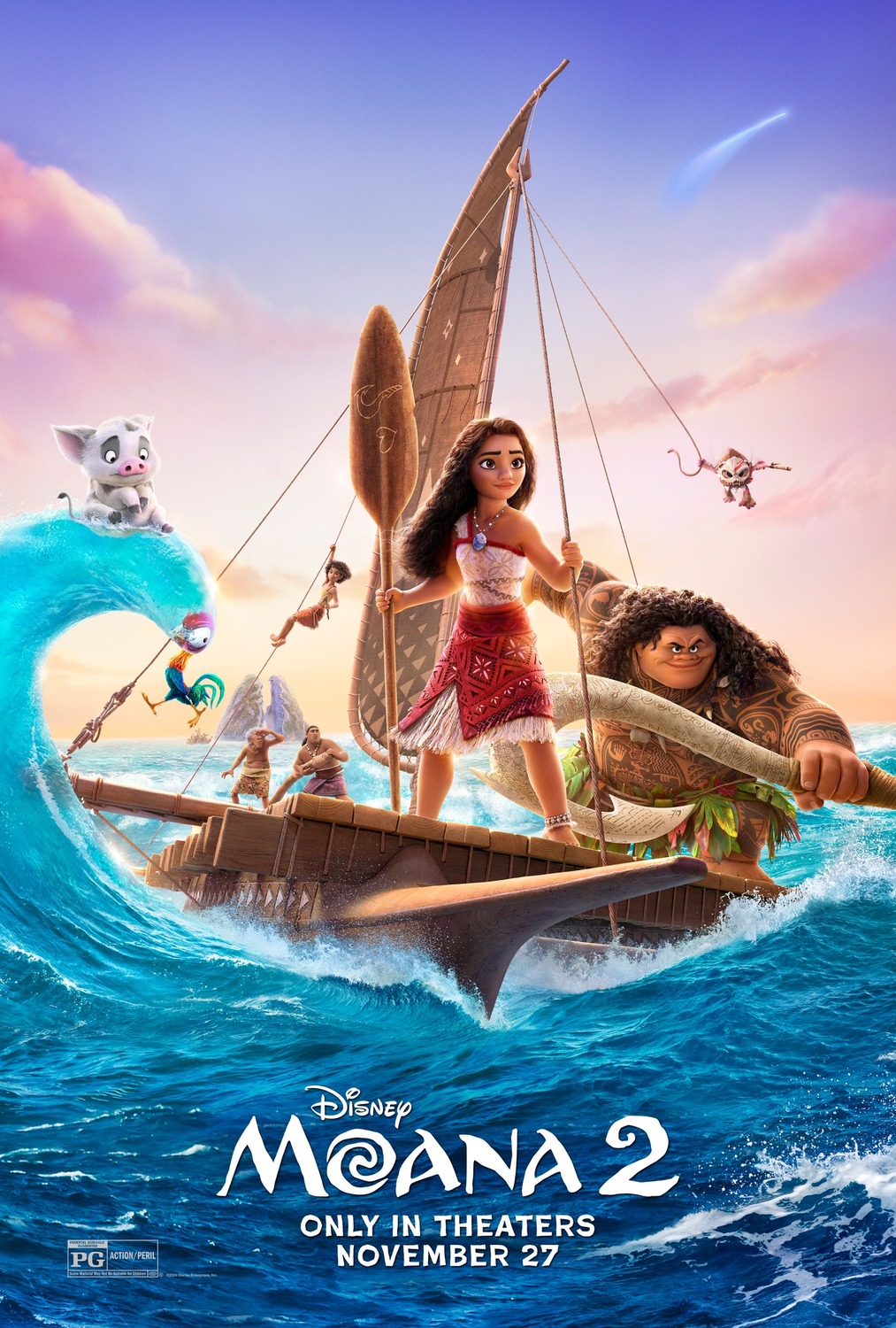 Moana stands confidently on her canoe with Maui hanging from the sail, striking a defiant pose and the other members of Moana's crew in the background.