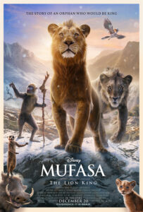 Mufasa and Taka stand atop a mountain peak with Rafiki pointing the way behind them. On the frame you can see other characters looking straight at the audience