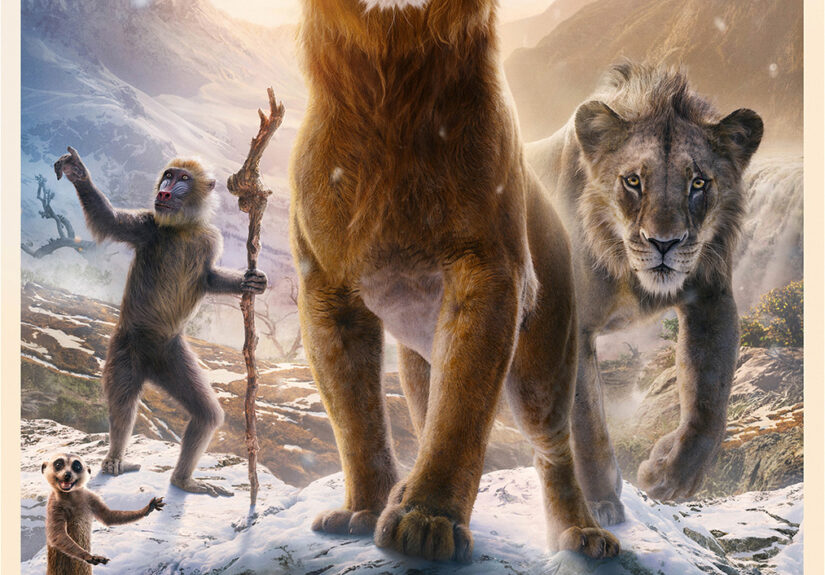 Mufasa and Taka stand atop a mountain peak with Rafiki pointing the way behind them. On the frame you can see other characters looking straight at the audience