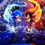 Sonic and Shadow the hedgehog run down a building with their lightning trail behind them forming the number 3