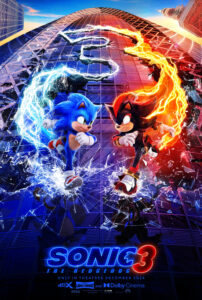 Sonic and Shadow the hedgehog run down a building with their lightning trail behind them forming the number 3