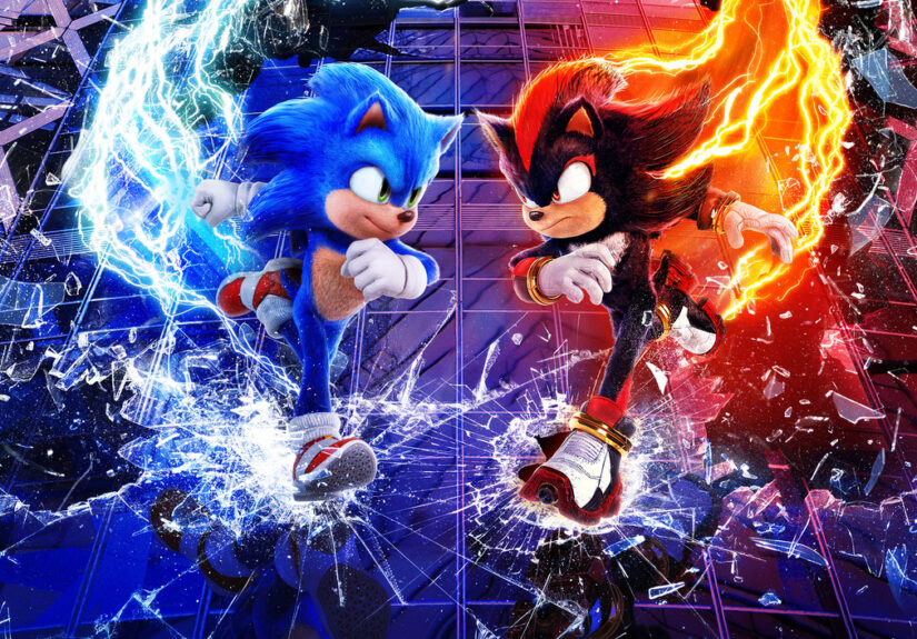 Sonic and Shadow the hedgehog run down a building with their lightning trail behind them forming the number 3