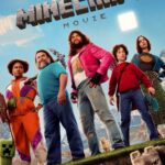 The five leads stand defiantly looking out at the audience with the Overworld of Minecraft in the background