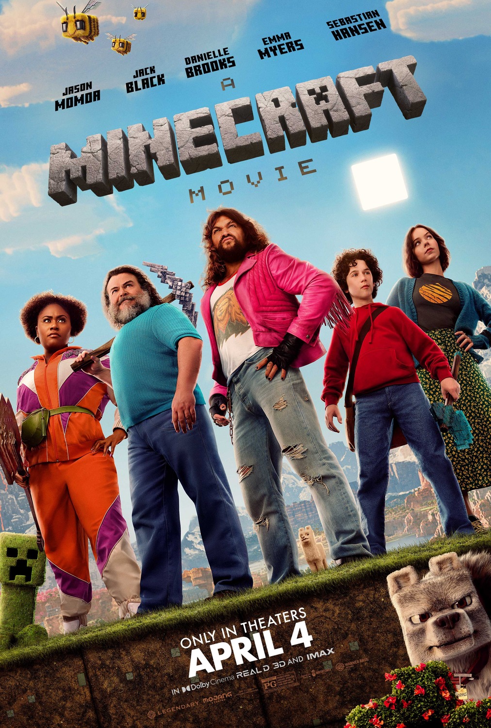 The five leads stand defiantly looking out at the audience with the Overworld of Minecraft in the background