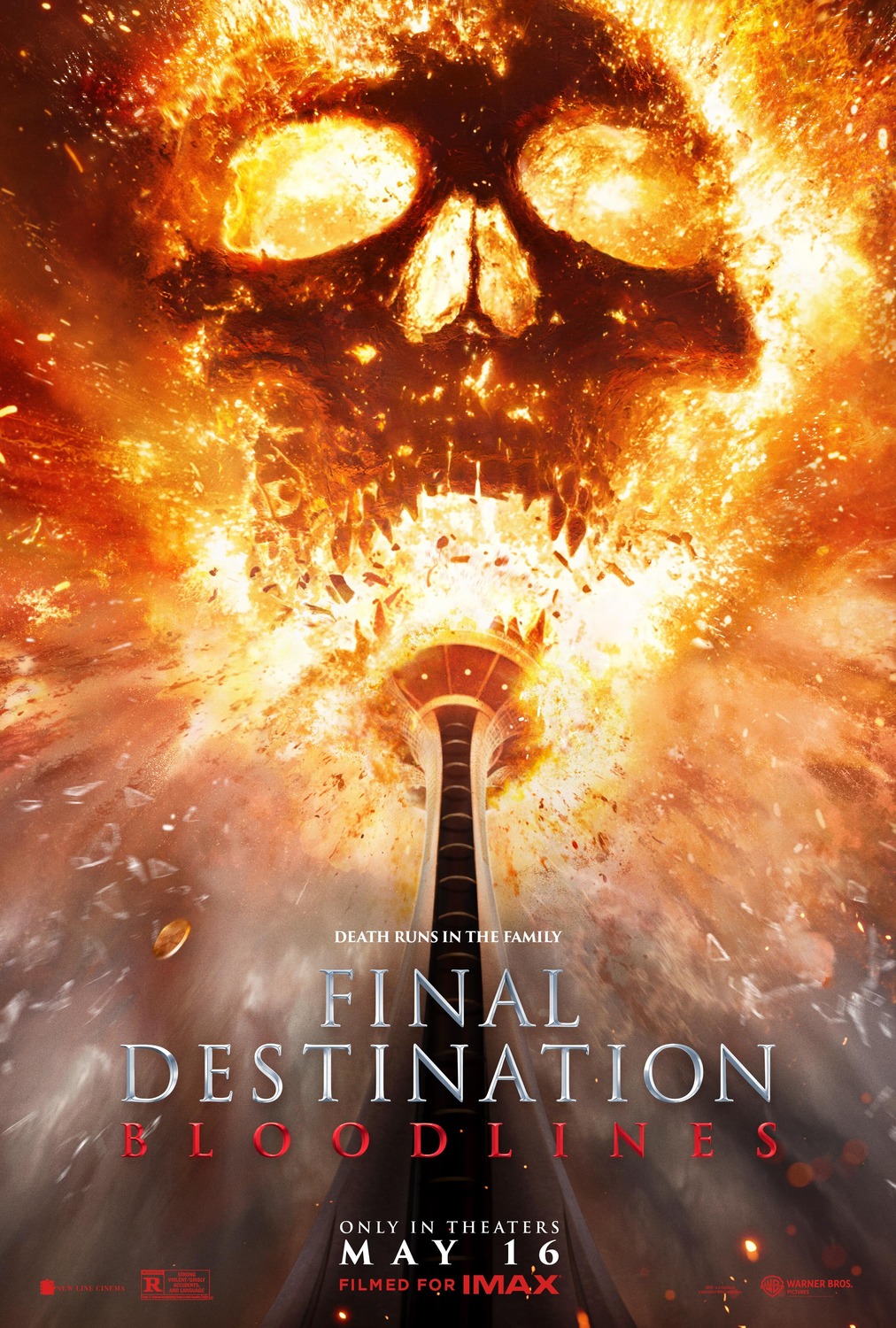 A screaming skull appears in an explosion atop a restaurant tower