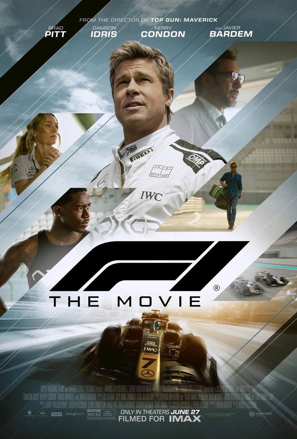 A series of close-ups of the cast looking in different directions are arranged in a collage cut up by diagonal lines. All of which sits above an F1 race car heading toward the viewer.