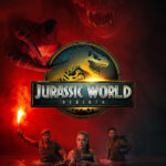 The three lead characters wade through hip-high water illuminated solely by a red flare, and in the fog behind them a giant dinosaur menacingly lurks