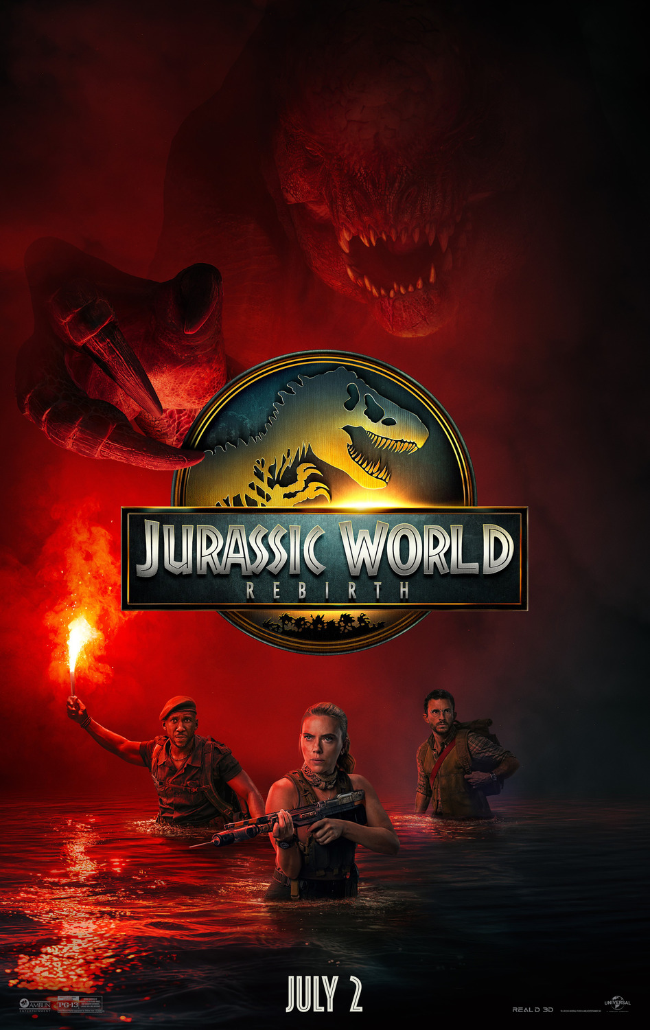 The three lead characters wade through hip-high water illuminated solely by a red flare, and in the fog behind them a giant dinosaur menacingly lurks