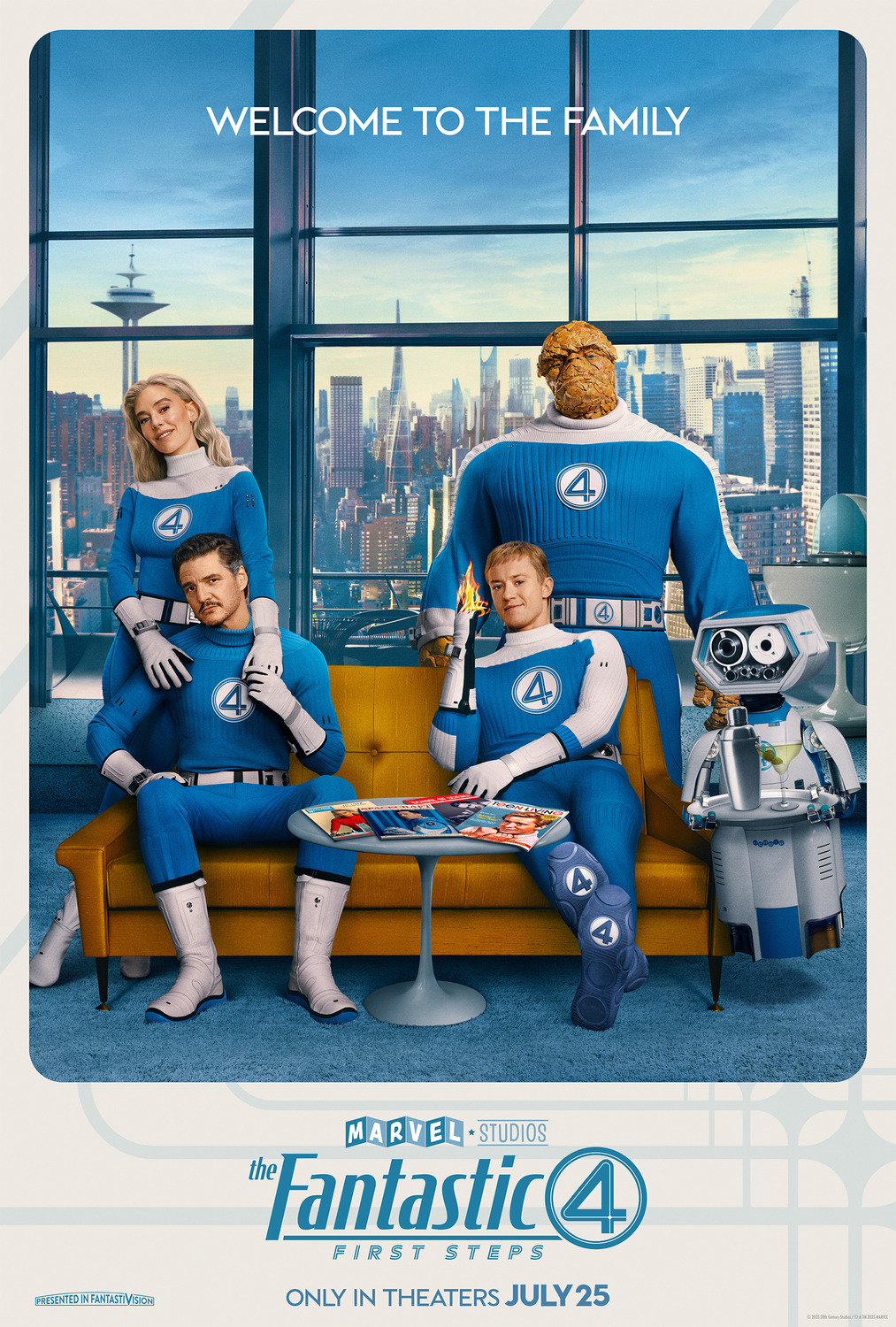 With the city behind them, the central members of the fantastic four sit around a coach and pose enigmatically for the viewer.
